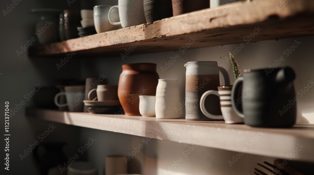 Warm light casts soft shadows on rustic shelves carrying unique, earthy pottery, evoking a sense of artisanal craftsmanship and simple beauty. Warm light casts soft shadows on rustic shelves carrying unique, earthy pottery, evoking a sense of artisanal craftsmanship and simple beauty.