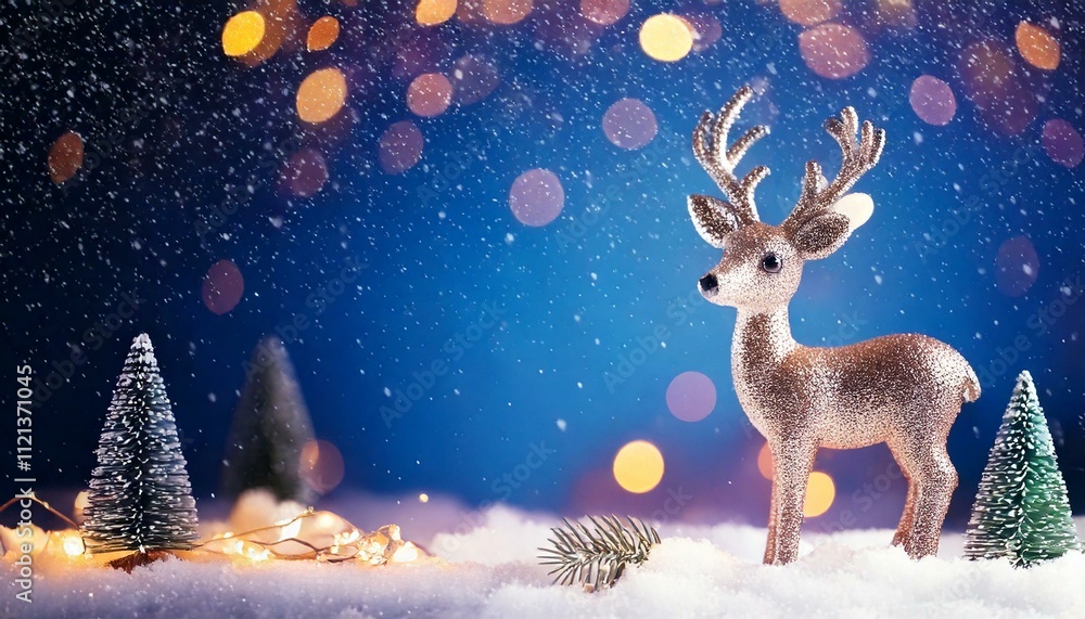 Fond de Noël avec un adorable renne en rouge, neige et bokeh Generated image Fond de Noël avec un adorable renne en rouge, neige et bokeh Generated image