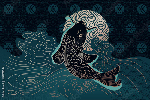 abstract illustration fish koi in minimalistic asian style, with ornaments and waves	