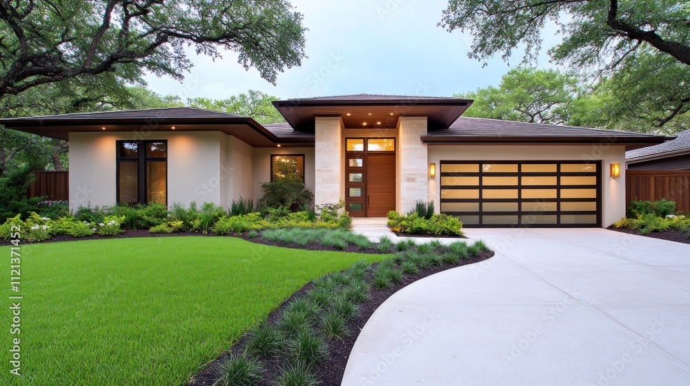 Naklejka premium Modern home with landscaped garden and driveway.