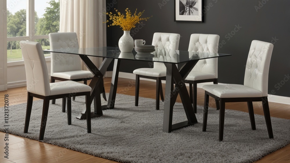 Modern glass top dining table with six white upholstered chairs on grey rug. Modern glass top dining table with six white upholstered chairs on grey rug.