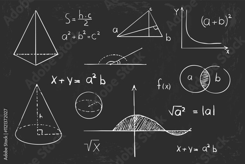 Math geometry graph and shapes on blackboard background. Set science doodle hand drawn sketch elements. Study theory formula, calculations.