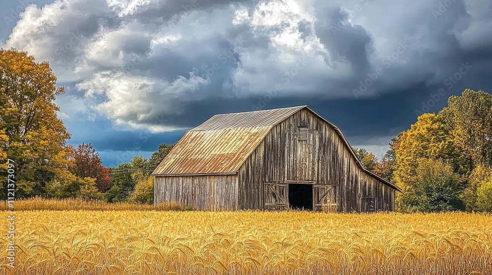 Obraz premium Rustic barn in autumn wheat field under dark storm clouds