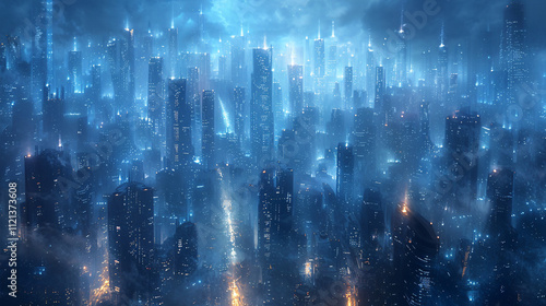 Futuristic city, view from the top in neon lighting. Dark night time.