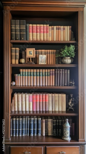 Ornate Wooden Bookshelf Filled with Vintage Books photo