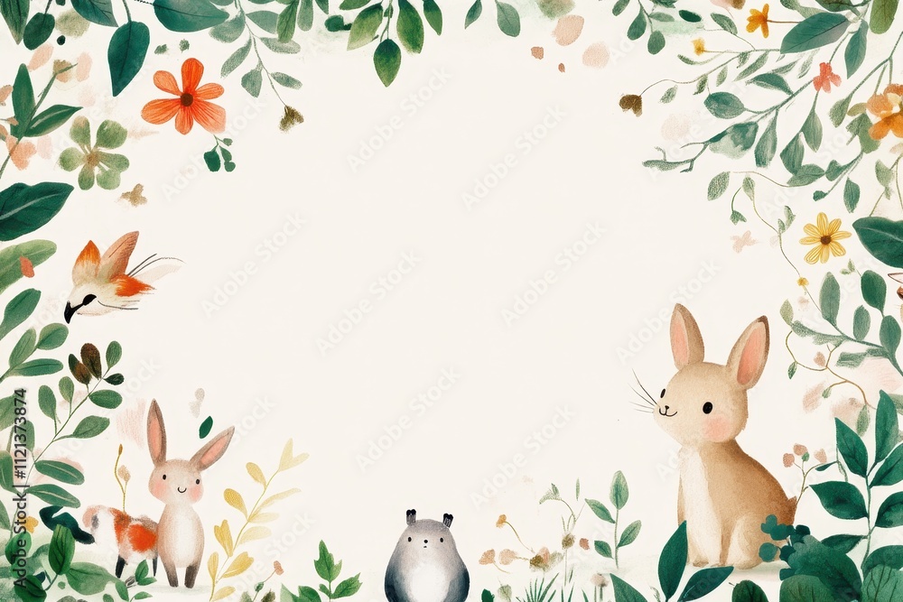 Watercolor Illustration of Animals and Flowers in a Garden Frame Watercolor Illustration of Animals and Flowers in a Garden Frame