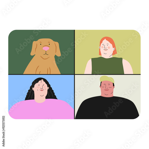 Online Work Meeting with Colleagues. WFH, Remote Work Flat Vector Illustration. 