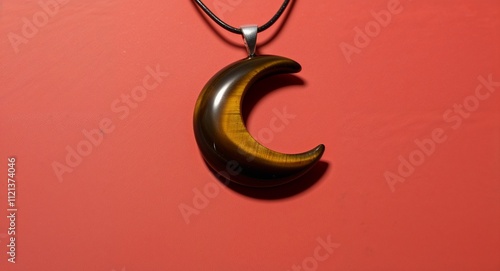 A crescent shaped tigers eye pendant glowing warmly on a plain red background photo