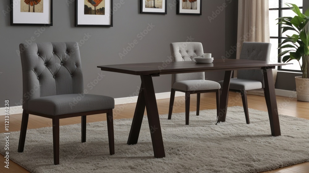 Modern dining set with gray upholstered chairs and dark wood table. Modern dining set with gray upholstered chairs and dark wood table.
