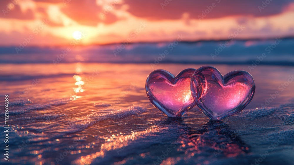 Fototapeta premium Romantic Sunset Scene with Two Heart-Shaped Glass Stones on the Beach at Dusk
