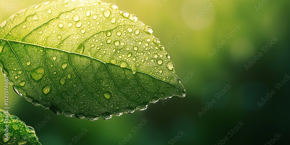 Water drops on leaf with copy space, Spring banner. Water drops on leaf with copy space, Spring banner.