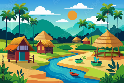 village scenery for 2D animations. landscape with a house