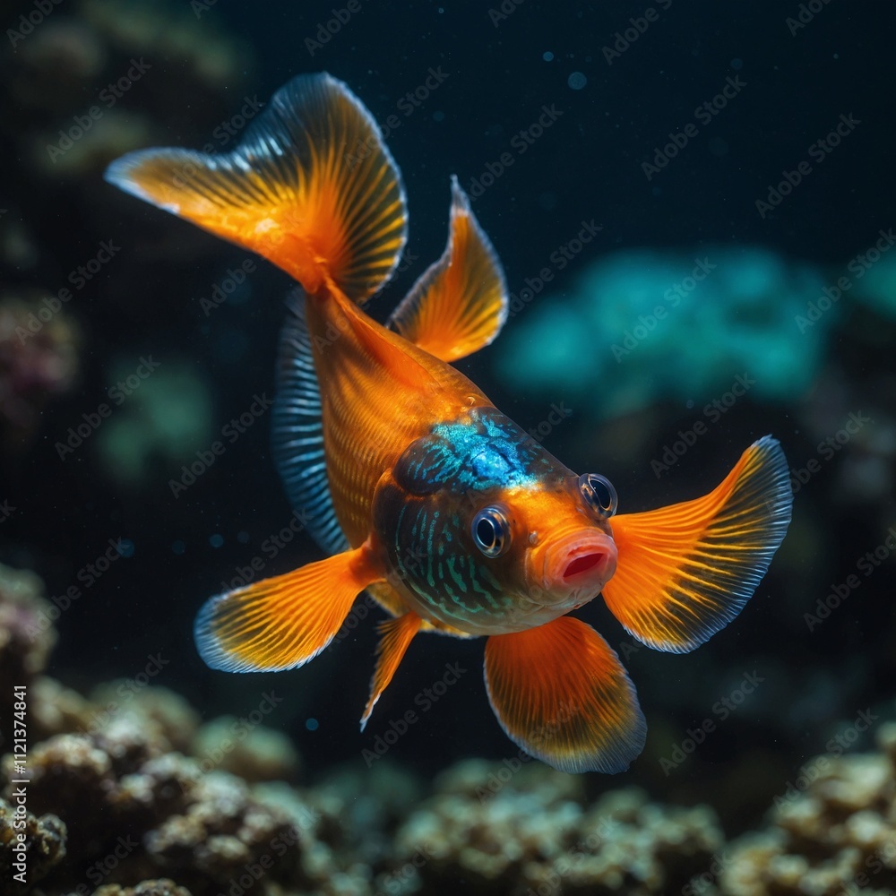 Fototapeta premium A bright orange guppy with iridescent tail fins.