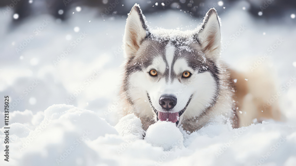 Naklejka premium Happy Siberian Husky Dog Playing in Soft White Snow on a Winter Day with a Snowball in Its Mouth and Snowflakes Falling Around