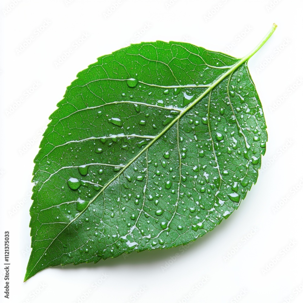 Fresh Green Leaf with Water Drops on White Background Fresh Green Leaf with Water Drops on White Background