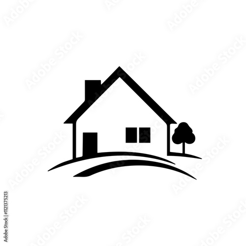 A beautiful house icon on the hill silhouette on white background