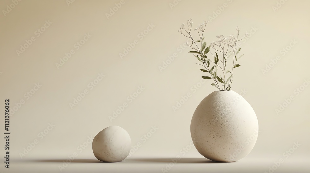 A white vase with a small sprig of white flowers sits next to a round white rock.