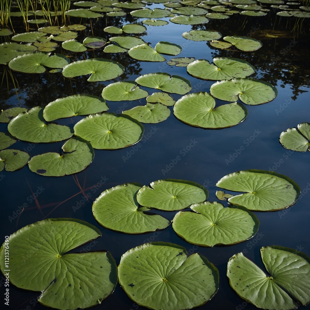 Green lily pads with reflections against a glassy water surface. Green lily pads with reflections against a glassy water surface.