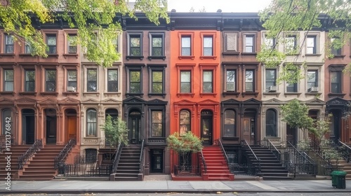 Colorful brownstone buildings in NYC with cinematic natural lighting