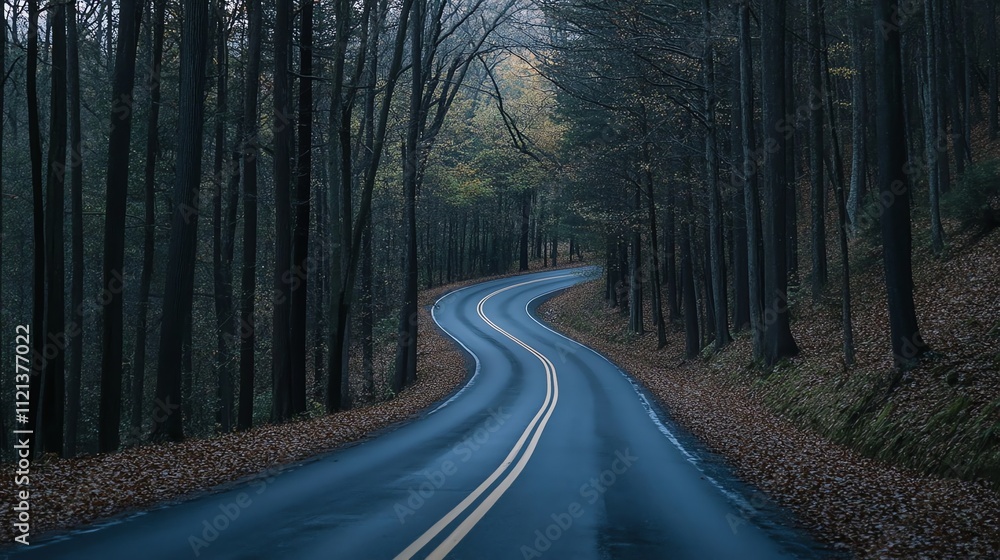 Obraz premium A winding road through a dark forest.