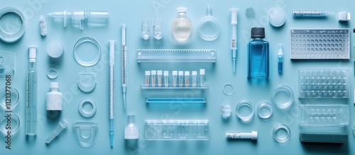 A flat lay of various laboratory equipment on a blue background, including petri dishes, test tubes, pipettes, and beakers.