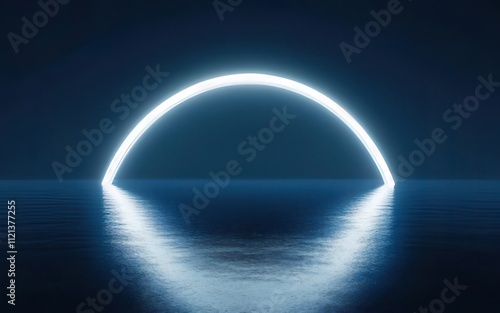 Glowing arc over calm water, dark blue background.