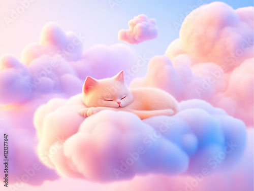 A cat sleeping on a cloud.The background is a calm sky with pastel blue tones