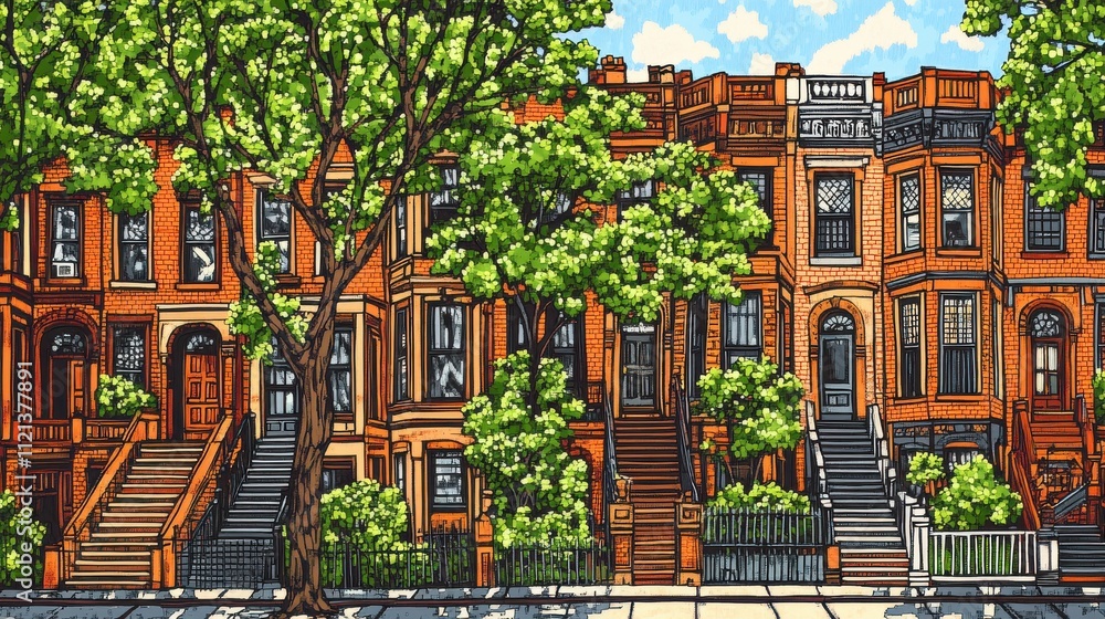 Fototapeta premium Colorful brownstone buildings in NYC with cinematic natural lighting