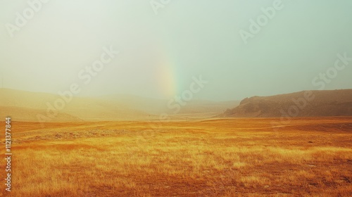 A faint rainbow arches over a golden sunlit field beneath a misty sky, capturing the essence of hope and the beauty of fleeting moments in nature.