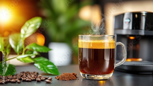 The rich, dark beverage is brewed from freshly ground beans, delivering a bold and invigorating flavor that fills the room with its enticing aroma.