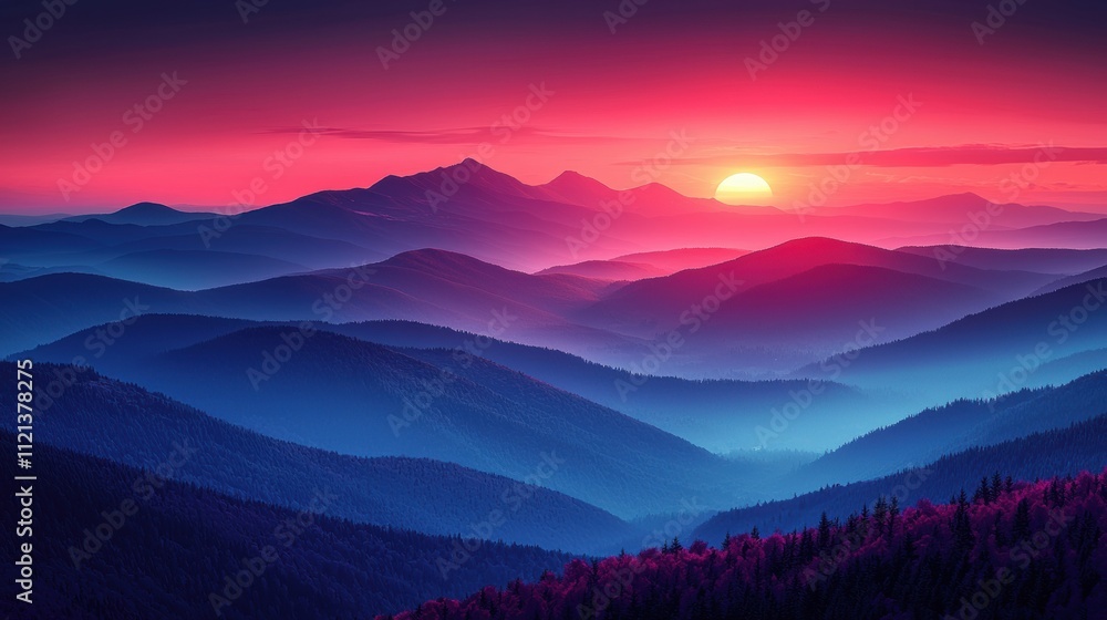 Majestic Sunrise Over Rolling Mountain Ranges in Serene Colors Majestic Sunrise Over Rolling Mountain Ranges in Serene Colors