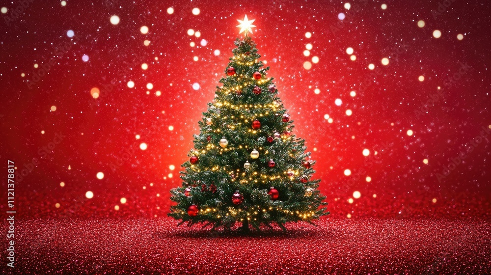 Festive Christmas tree design with bright lights on a vibrant red glitter-filled background for holiday celebration Festive Christmas tree design with bright lights on a vibrant red glitter-filled background for holiday celebration