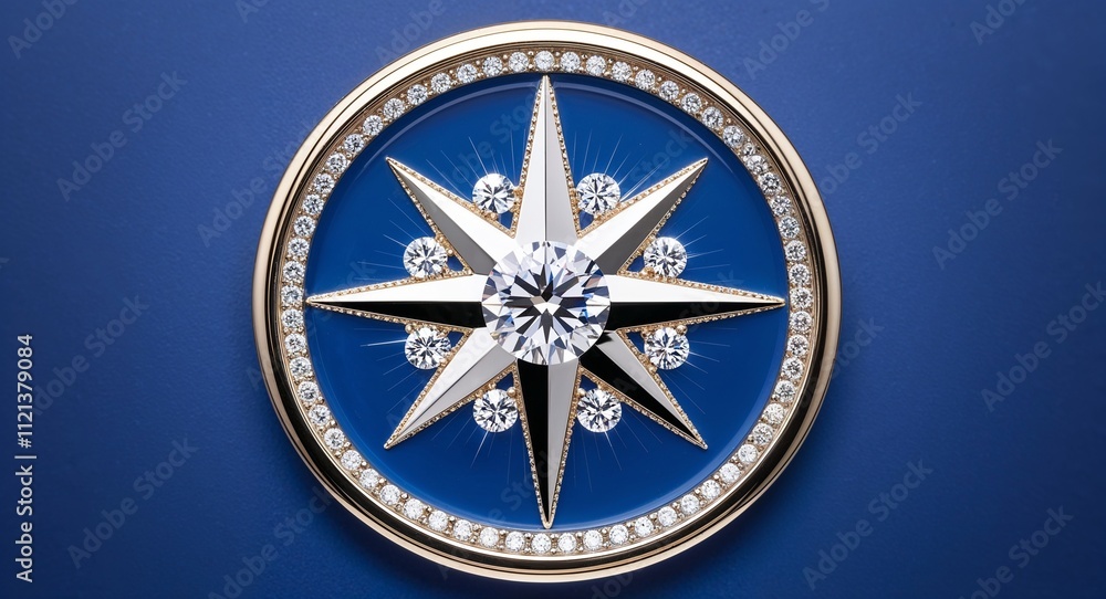 Compass shaped diamond intricate sparkling details on a sapphire blue background
