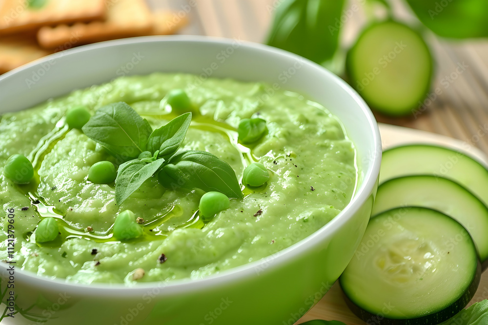 Creamy green pea and zucchini soup in a bowl, garnished with basil and olive oil, served with crackers. Creamy green pea and zucchini soup in a bowl, garnished with basil and olive oil, served with crackers.