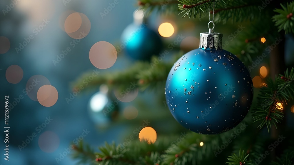 Christmas decoration, blue round garland on tree, close-up Christmas decoration, blue round garland on tree, close-up