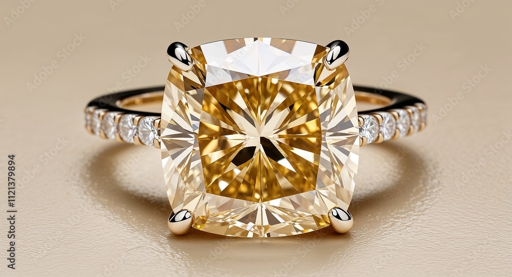 Cushion cut champagne diamond warm golden glow sparkling brilliance on a creamy beige background Cushion cut champagne diamond warm golden glow sparkling brilliance on a creamy beige background