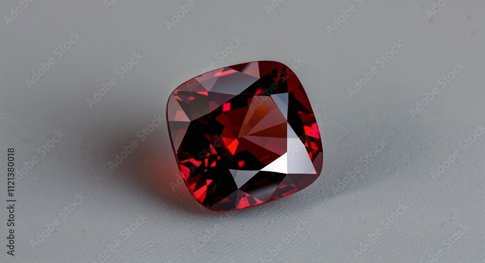 Cushion cut garnet deep red glow polished brilliance on a pale gray background Cushion cut garnet deep red glow polished brilliance on a pale gray background