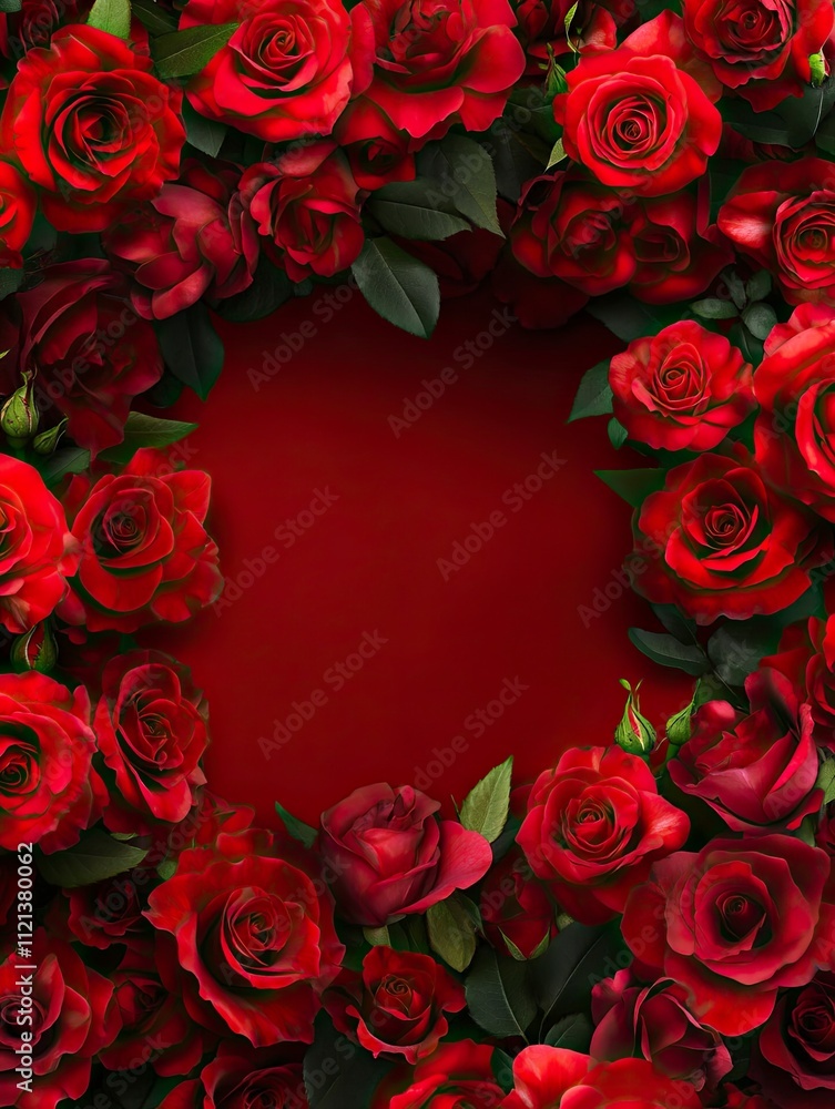 Frame made of red roses on copy space background. Flat design frame concept. Frame made of red roses on copy space background. Flat design frame concept.
