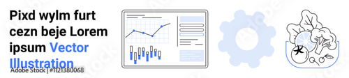 Dashboard with graphs and charts, a gear icon, and botanical elements with sample text in bold. Ideal for business analytics, SEO, technology, growth, UXUI design, agriculture, education. Landing