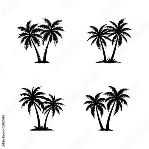 set of palm tree silhouette, black and white silhouette, vector and illustration