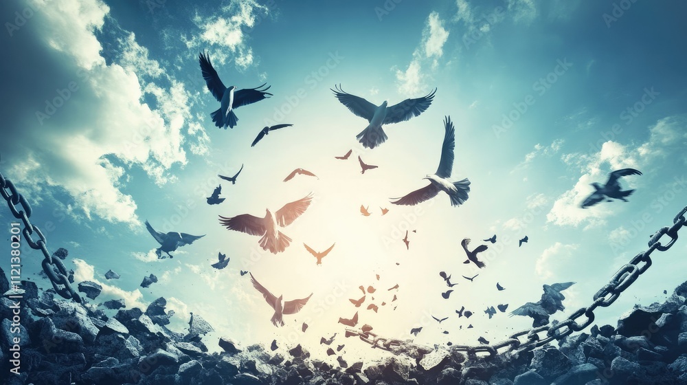 Freedom visualized with flying birds and shattered chains below, set against a bright and hopeful sky Freedom visualized with flying birds and shattered chains below, set against a bright and hopeful sky