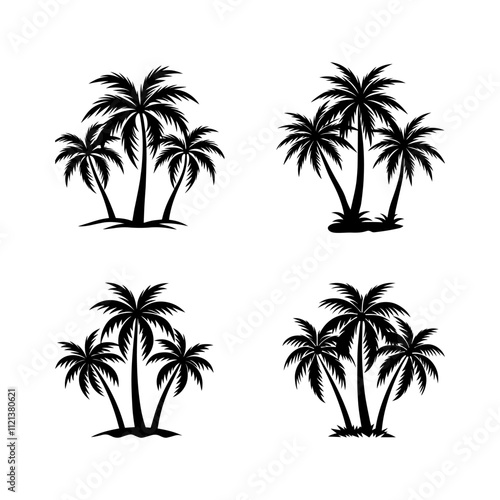 set of palm tree silhouette, black and white silhouette, vector and illustration