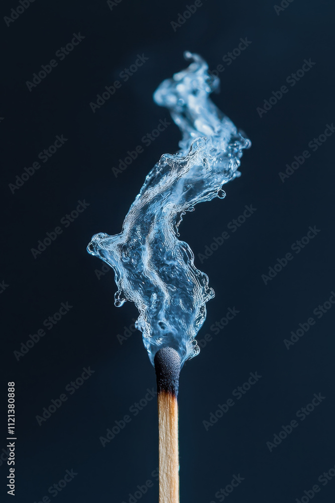 Creative Blue Matchstick Concept with Water Element on Dark Background Creative Blue Matchstick Concept with Water Element on Dark Background
