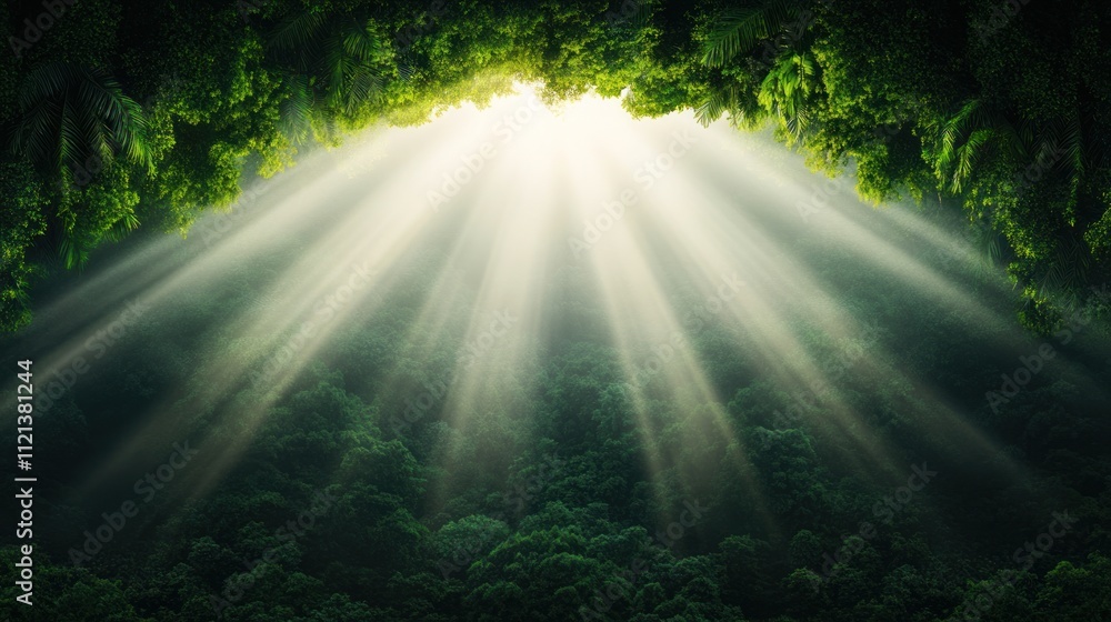 Obraz premium Sunlight streaming through a lush forest canopy.