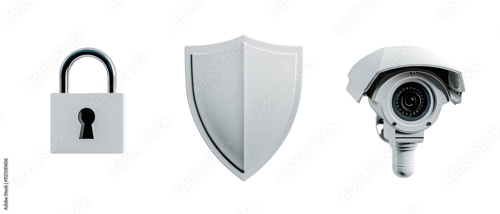 Security icons padlock, shield, surveillance camera. Security icons padlock, shield, surveillance camera.