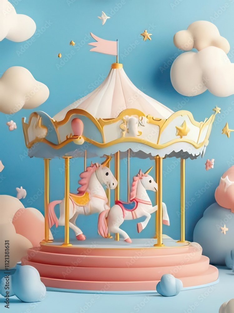 Pastel unicorn carousel on blue background. Pastel unicorn carousel on blue background.