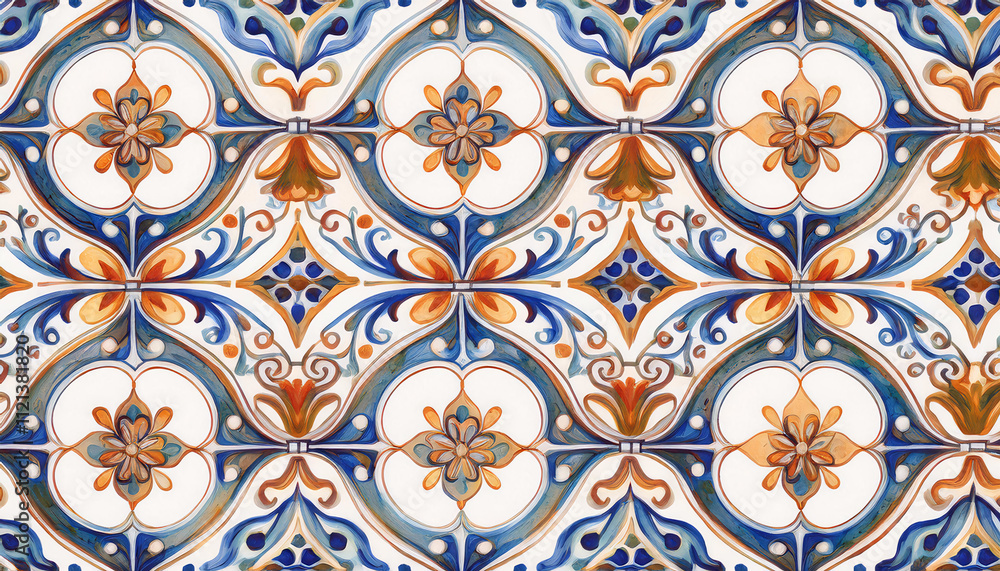 Ornate tile pattern with blue and brown floral and leaf motifs, featuring symmetrical and intricate designs, showcasing the beauty of traditional craftsmanship Generative AI Ornate tile pattern with blue and brown floral and leaf motifs, featuring symmetrical and intricate designs, showcasing the beauty of traditional craftsmanship Generative AI
