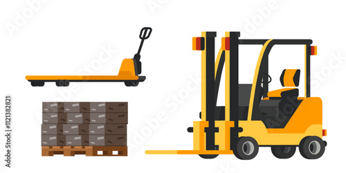 Warehouse equipment vector illustration set. Cartoon forklift , pallets with carton boxes. Logistics machinery collection isolated on transparent background.