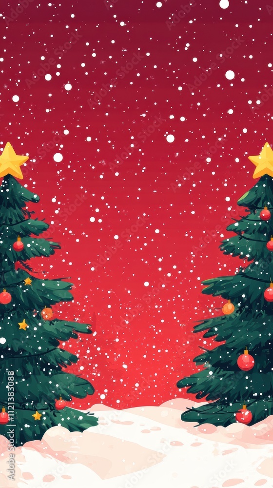 Festive pathway adorned with Christmas trees under a canopy of snowfall and glowing yellow stars against a vivid red background Festive pathway adorned with Christmas trees under a canopy of snowfall and glowing yellow stars against a vivid red background