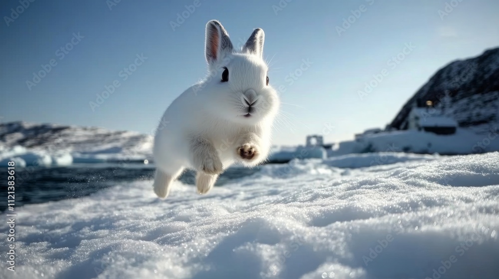 A fluffy white rabbit leaps joyously across a snowy landscape under a bright sky, embodying playful energy and winter's charm. A fluffy white rabbit leaps joyously across a snowy landscape under a bright sky, embodying playful energy and winter's charm.